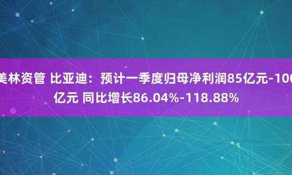 美林资管 比亚迪：预计一季度归母净利润85亿元-100亿元 同比增长86.04%-118.88%